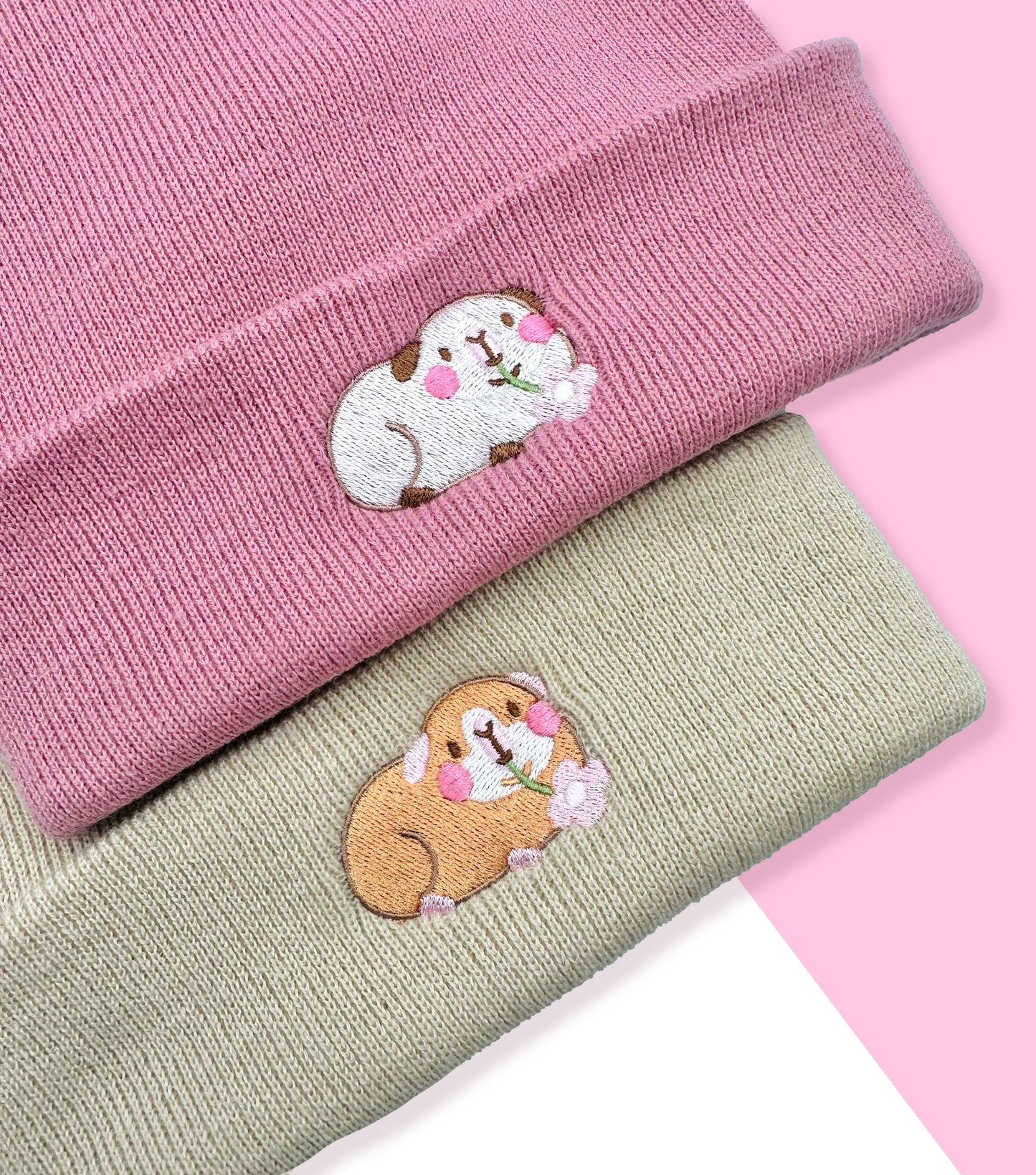 Ginger Guinea Pig With Flower Embroidered Beanie | Stone