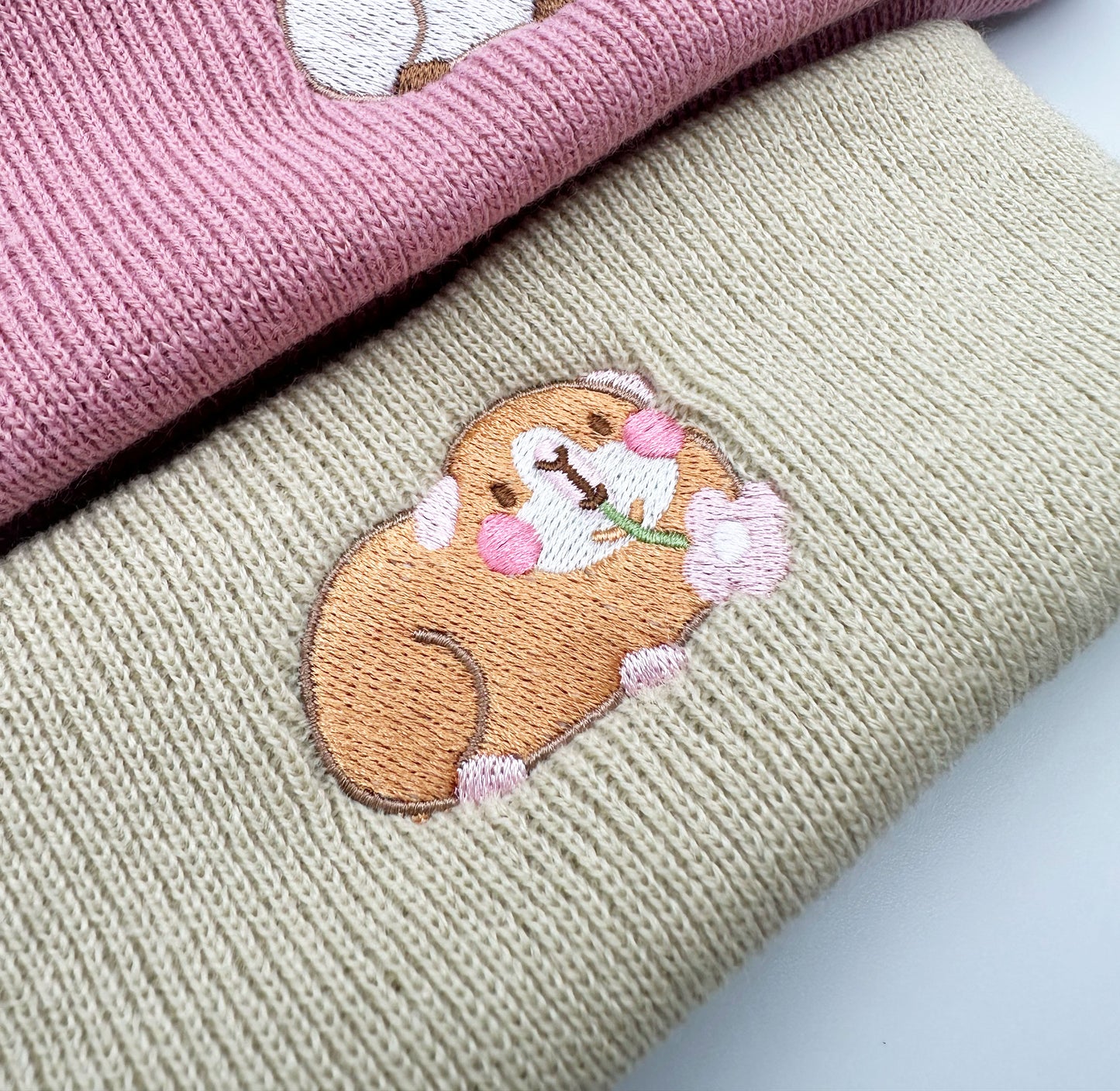 Ginger Guinea Pig With Flower Embroidered Beanie | Stone