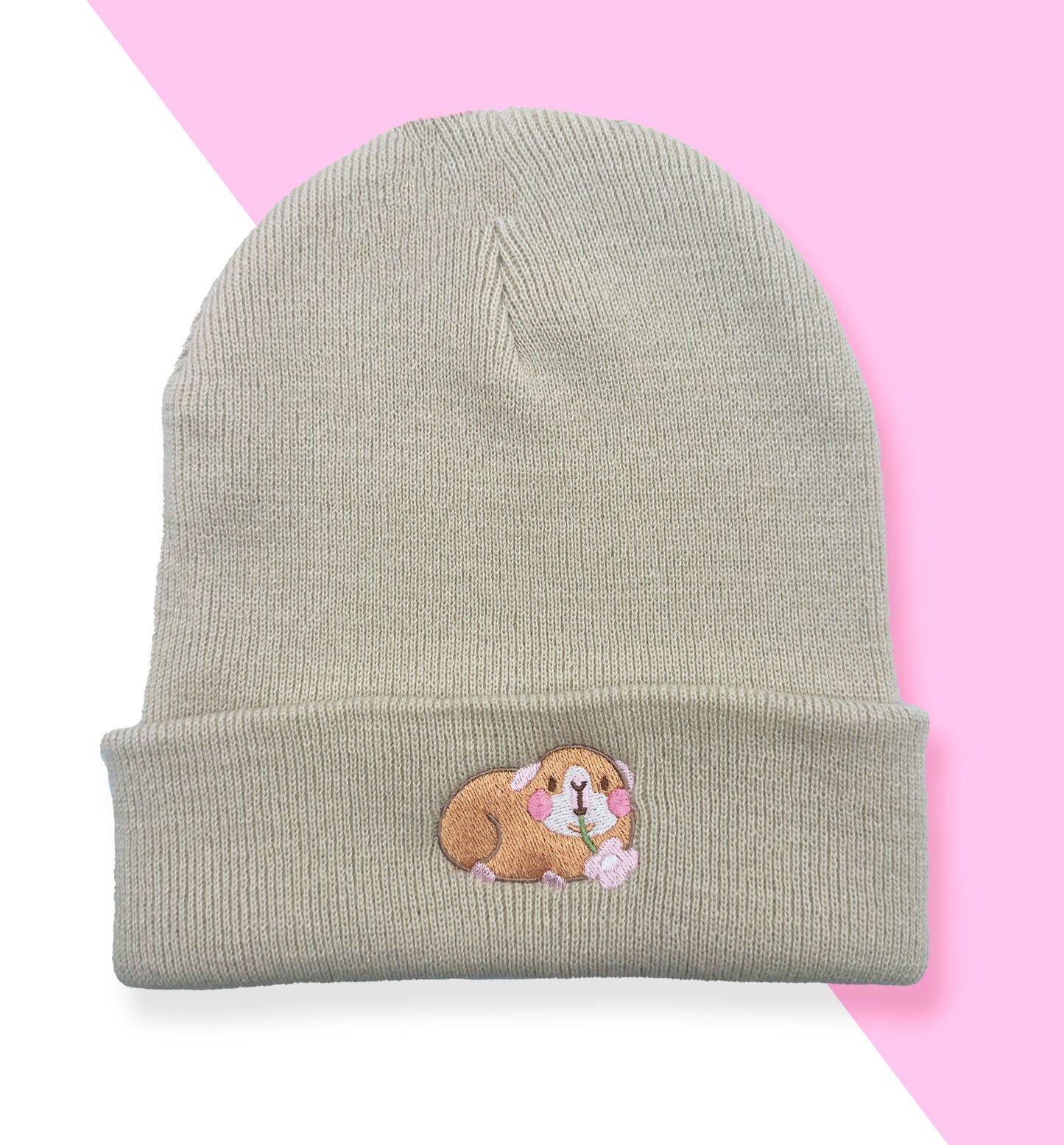 Ginger Guinea Pig With Flower Embroidered Beanie | Stone