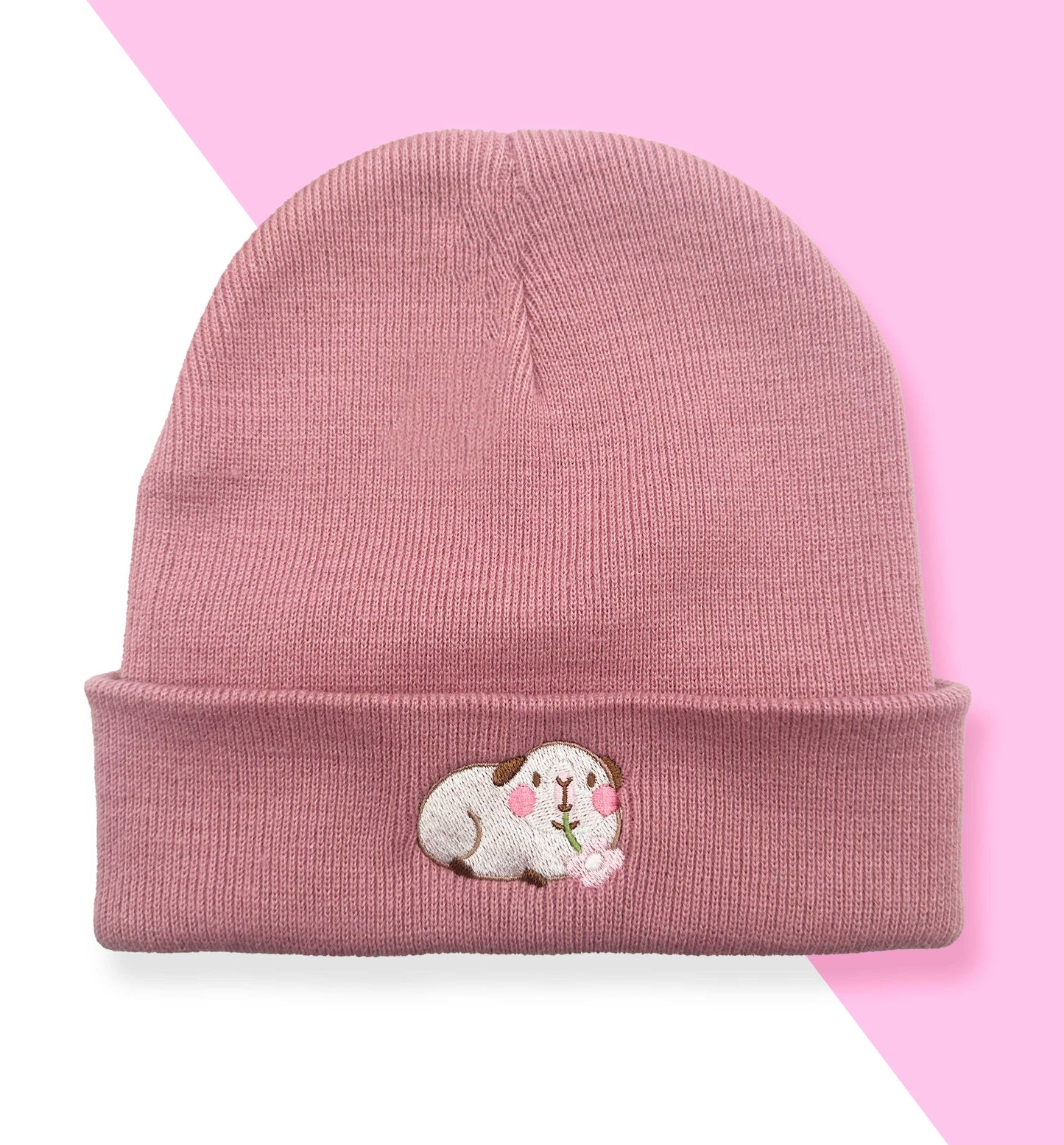 White Guinea Pig With Flower Embroidered Beanie | Dusky Pink