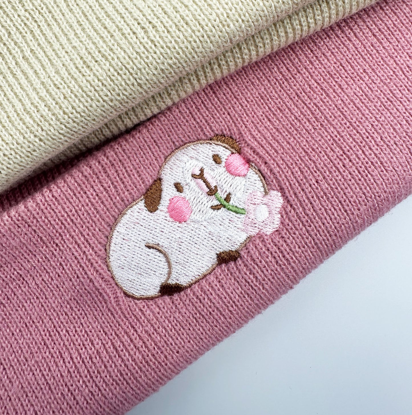 White Guinea Pig With Flower Embroidered Beanie | Dusky Pink