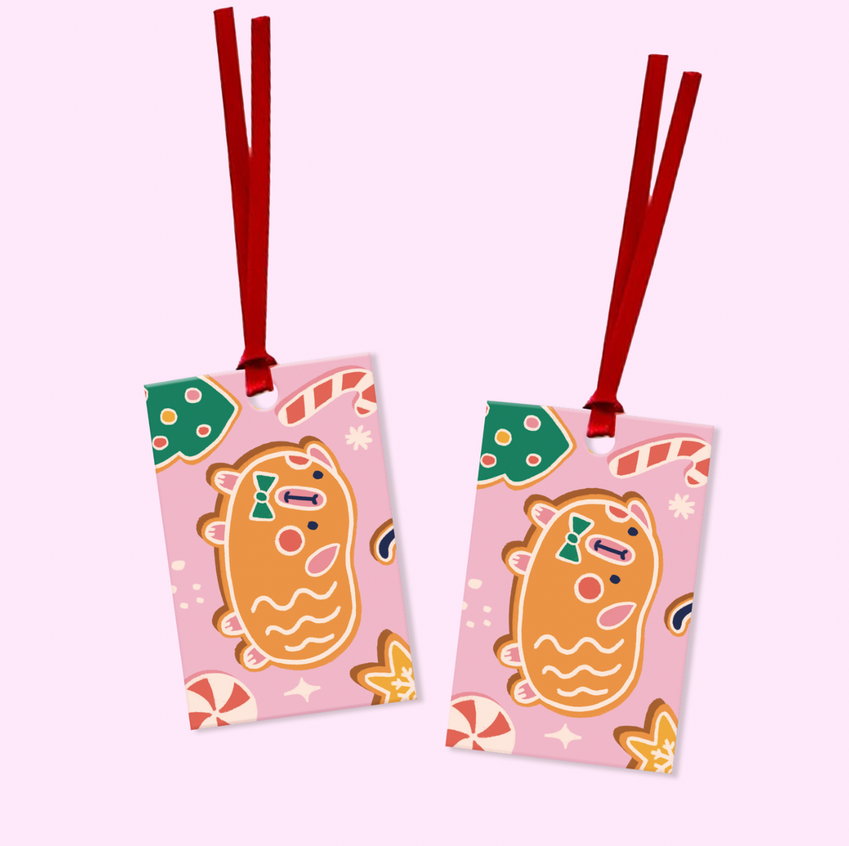 2 Pack Christmas Gingerbread Guinea Pigs Gift Tag With Ribbon
