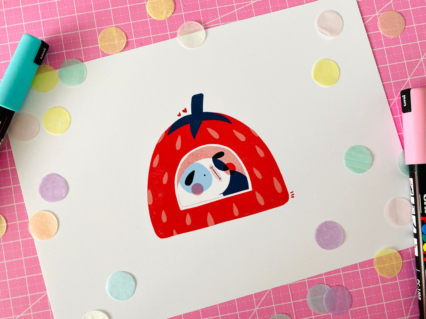 Guinea Pig In Strawberry Bed Print | A5